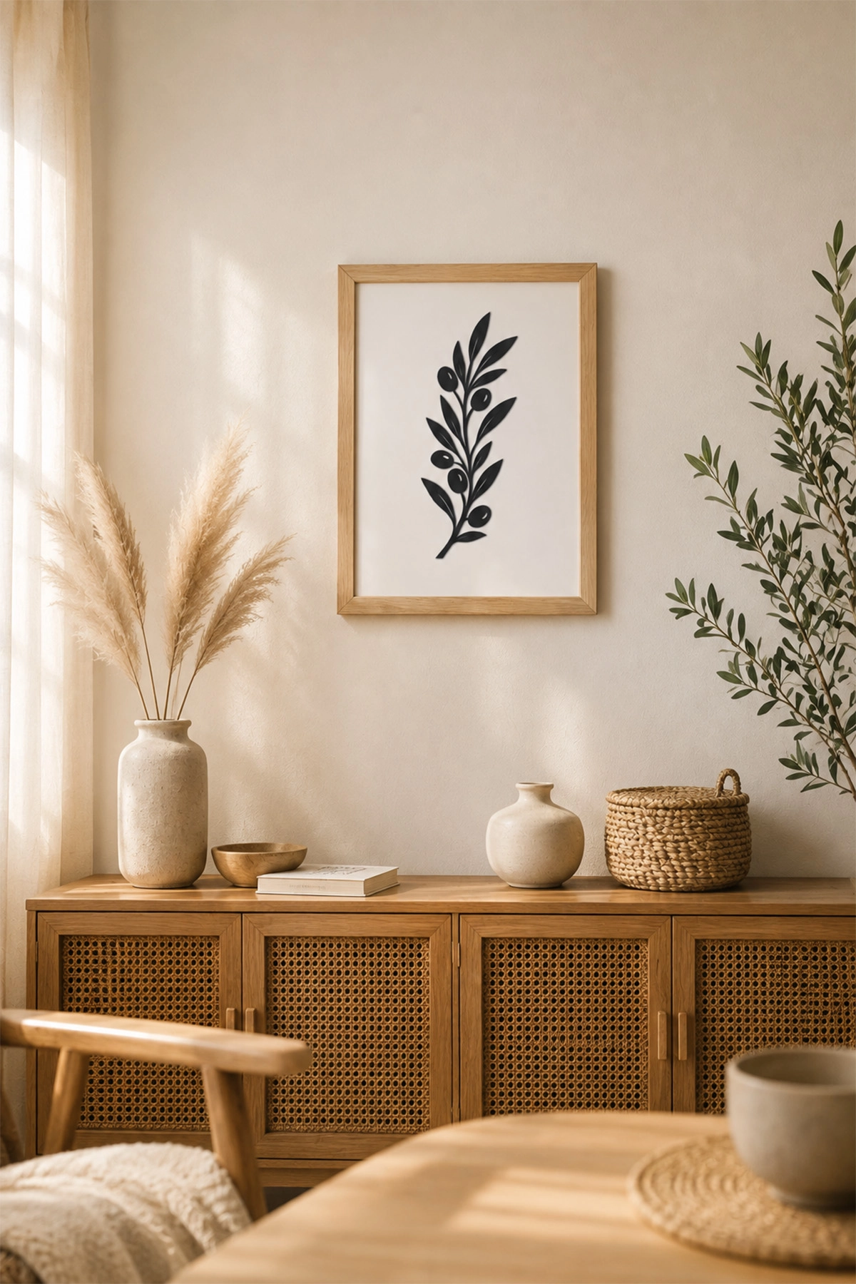 Zeytin Dalı Motifli Siyah MDF Çerçeveli Duvar Dekoru