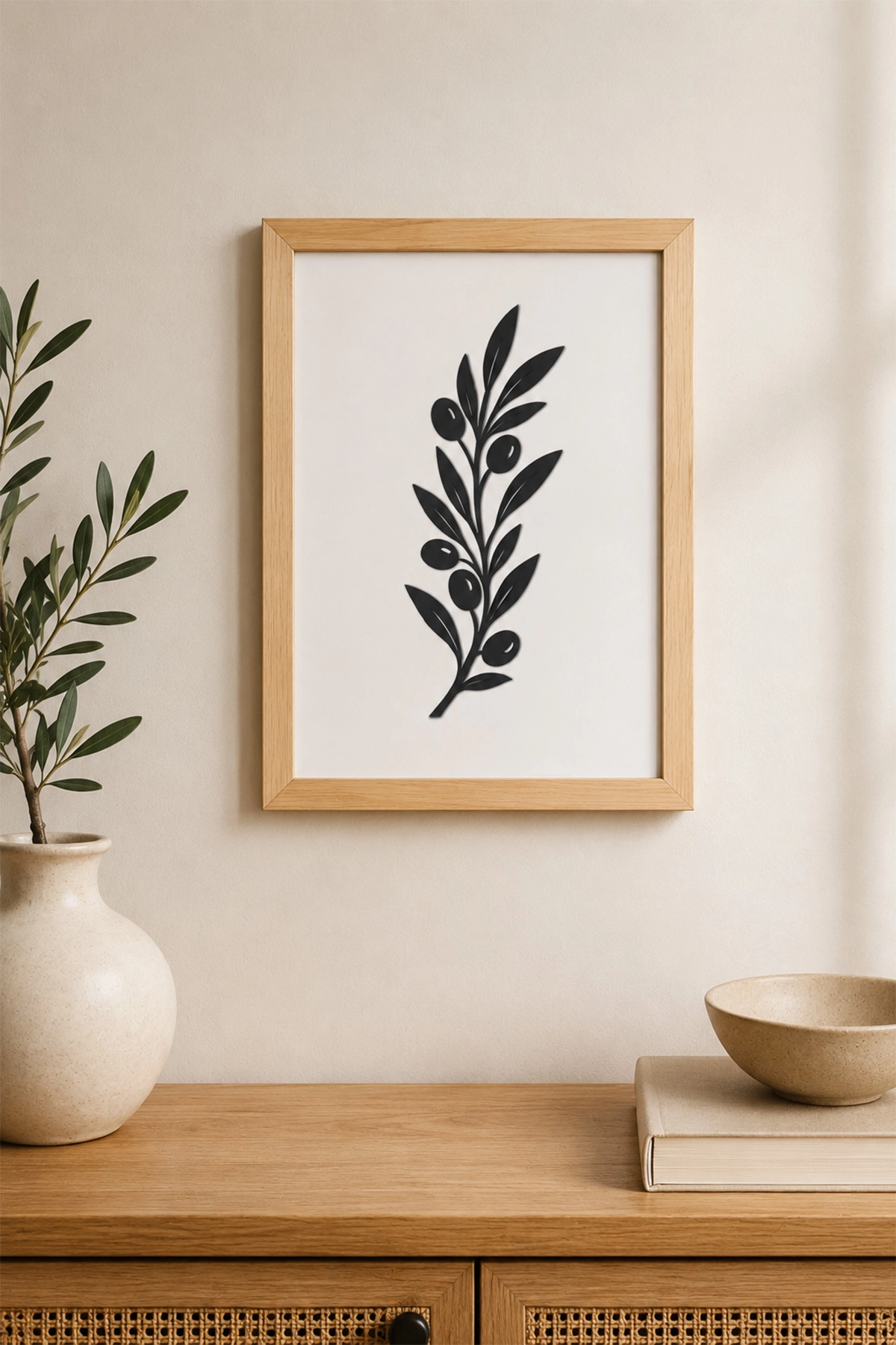 Zeytin Dalı Motifli Siyah MDF Çerçeveli Duvar Dekoru